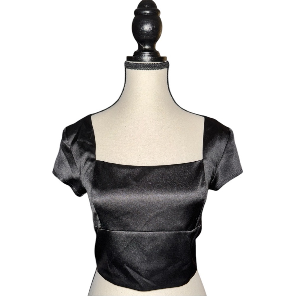 Elodie Black Satin Lace Up Back Square Neck Crop Top Size S NWT